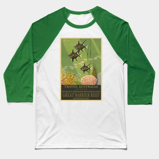 Vintage Great Barrier Reef Travel Poster Baseball T-Shirt by xposedbydesign